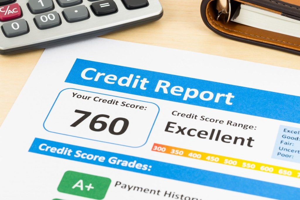 Credit score report with calculator and organizer book