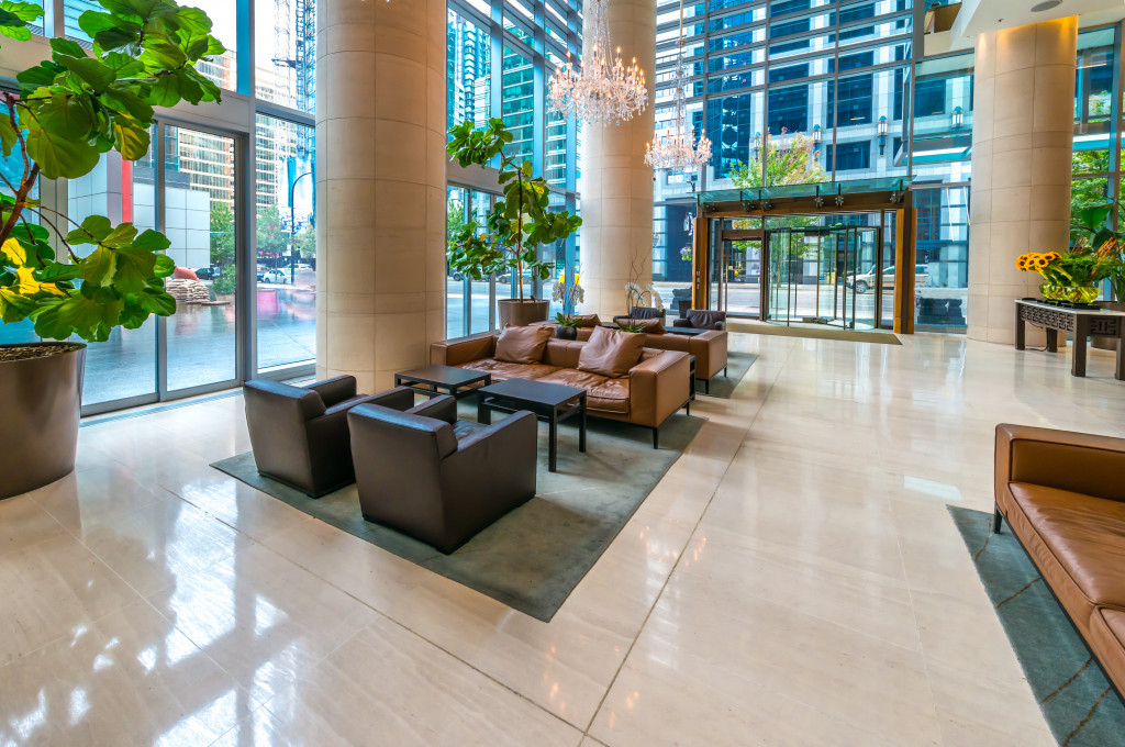 Modern lobby, hallway, plaza of the luxury hotel, shopping mall, business center in Vancouver, Canada. Interior design.