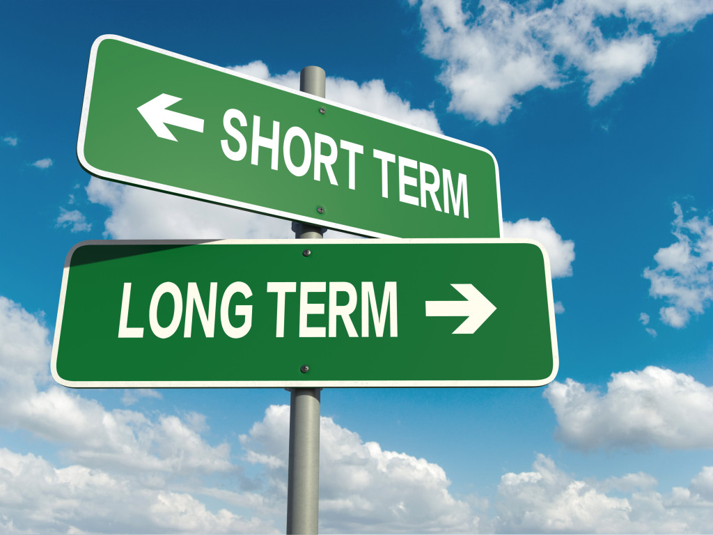 signs with the words short term and long term pointing in different directions.