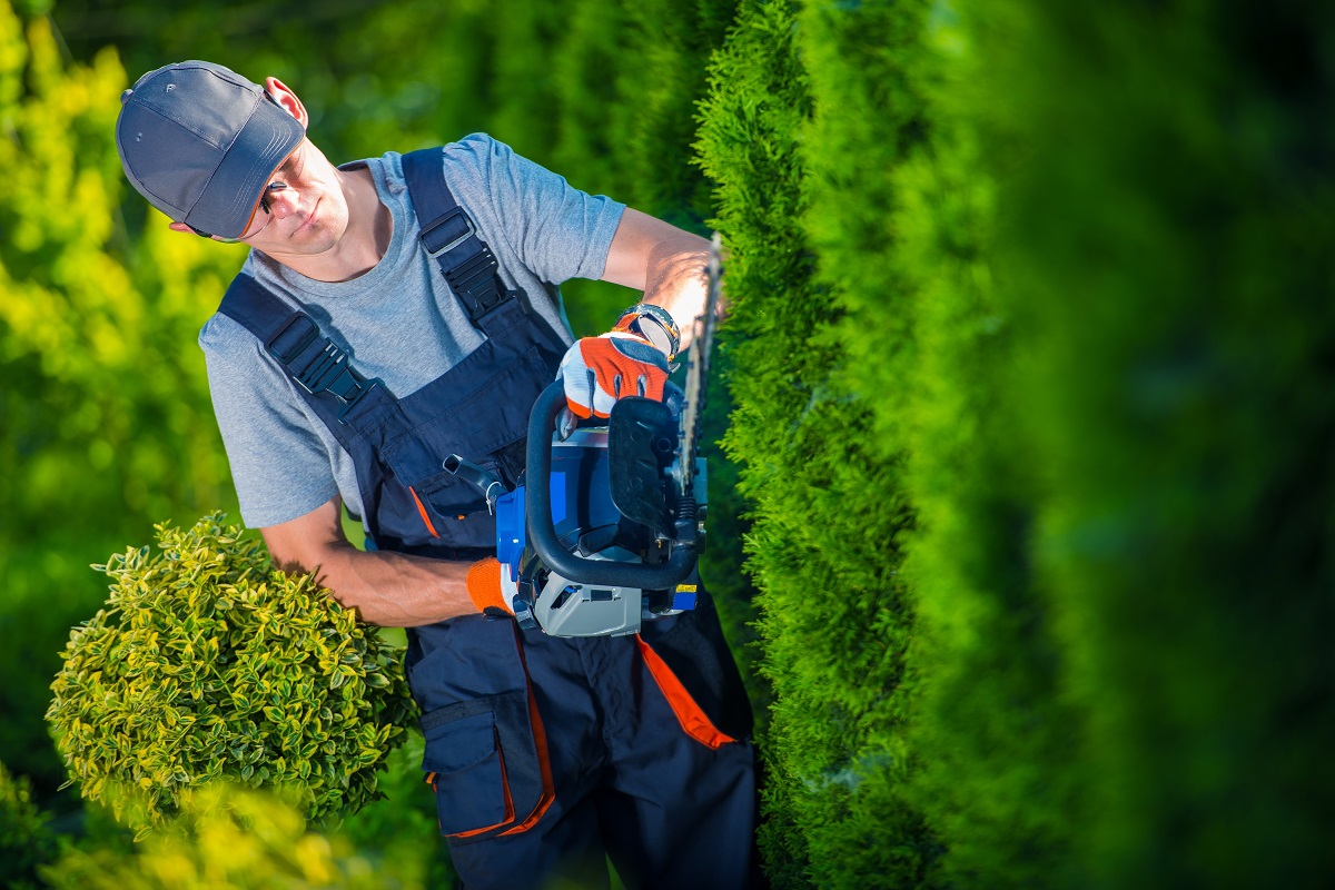 Gardener trimming a hedge in front of a house.